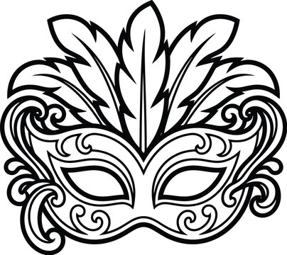Masquerade Mask with Feathers: An ornate masquerade mask, intricately designed with swirling patterns and adorned with elegant feathers, evokes an air of mystery and intrigue.