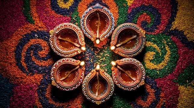 Traditional clay diya oil lamps arranged in a circle on colorful rangoli
