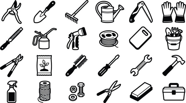 Gardening Tools Collection: A comprehensive set of vector icons representing various gardening implements, from pruning shears and shovels to watering cans and gloves.