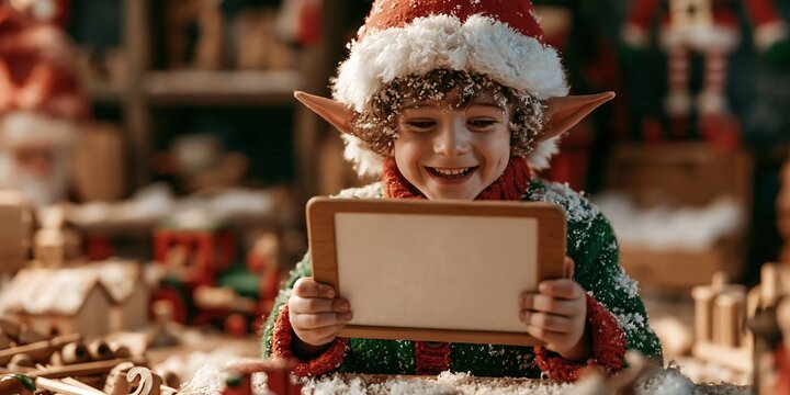 Little child dressed as a Christmas elf holding a blank wooden tablet mockup representing holiday joy and technology