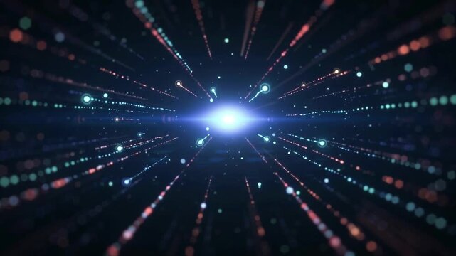 Abstract tech starburst with glowing particles and depth of field