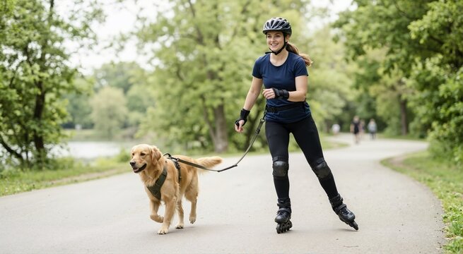 Dog running beside a woman on rollerblades. Companion animal and everyday pet behavior