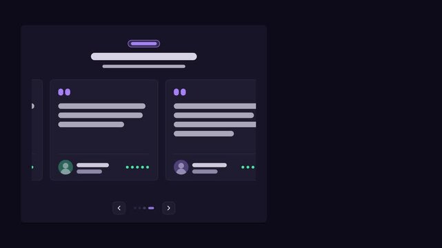 Seamless 4K looping user interface animation: testimonial slider moving dark layout. Clean flat vector mockup with grey placeholder bars instead of text, in blue and azure on a dark theme, leaving cop