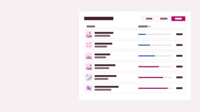 Animated sort order changing light layout drawn as a minimal interface mockup in red and pink, light mode. Smooth 4K seamless loop with blank placeholder content and room for your own copy. Widescreen