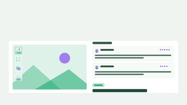 Seamless 4K looping user interface animation: product page scrolling light interface. Clean flat vector mockup with grey placeholder bars instead of text, in green and emerald on a light theme, leavin