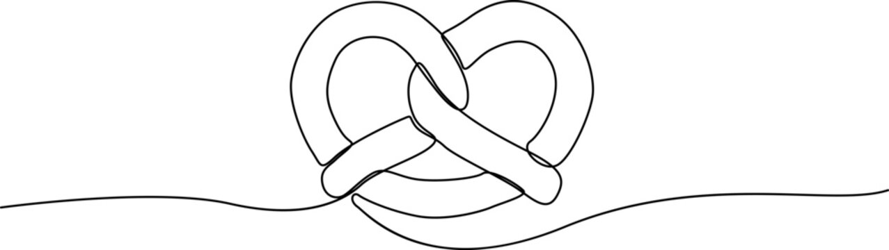 Minimalist continuous line drawing of a pretzel, simple black line art of a heart shaped snack, elegant bakery food vector illustration