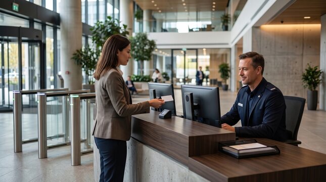 Security officer verifies a visitor card at a modern office lobby desk, illustrating professional access control and workplace safety