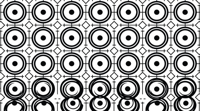 Concentric Circles Pattern: A striking monochrome pattern featuring an array of concentric circles and diamond shapes arranged in a symmetrical grid.