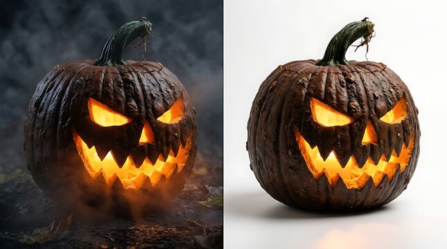 Lit carved jack o lantern pumpkin with scary face glowing in dark smoky