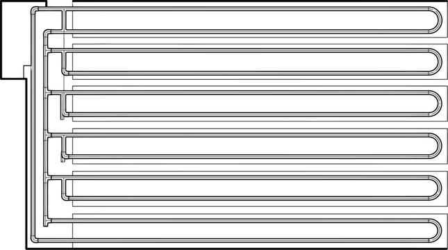 Radiator Heat Exchanger Diagram: A schematic illustration of a radiator or heat exchanger, showing a series of parallel pipes designed for efficient heat transfer.