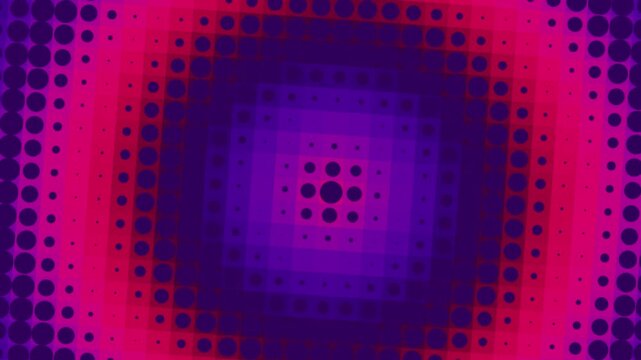 Vibrating concentric squares with halftone dots forming a purple and red looping pattern
