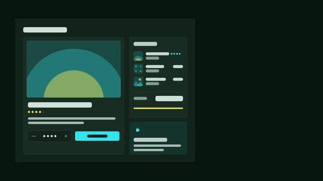 Seamless 4K looping user interface animation: quantity stepper change dark layout. Clean flat vector mockup with grey placeholder bars instead of text, in green and emerald on a dark theme, leaving co