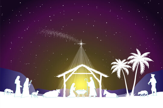 Nativity scene shows Mary Joseph and baby Jesus in a manger, surrounded by a stable, shepherds, and animals under a purple night sky. Sacred Christmas illustration with a peaceful holiday atmosphere.
