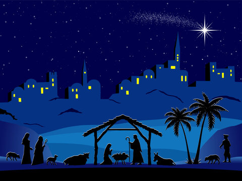 Nativity scene shows Mary and Joseph watching over baby Jesus in a manger, surrounded by shepherds and animals beneath a bright star, with Bethlehem glowing in the background at night.