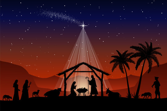Nativity silhouette shows Mary, Joseph, and baby Jesus in a stable beneath a shining star at night. Shepherds, animals, starry sky, palm trees and distant hills, creating an evocative Christmas scene.
