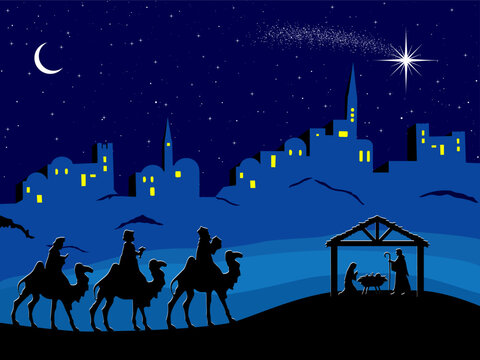 The nativity scene depicts the three Magi arriving at the stable where the baby Jesus lies in a manger, beneath a shining star, with Bethlehem glowing in the background at night.