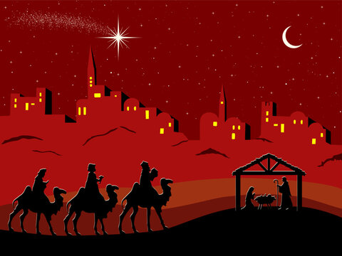 The nativity scene depicts the three Magi arriving at the stable where the baby Jesus lies in a manger, beneath a shining star, with Bethlehem glowing in the background at night.