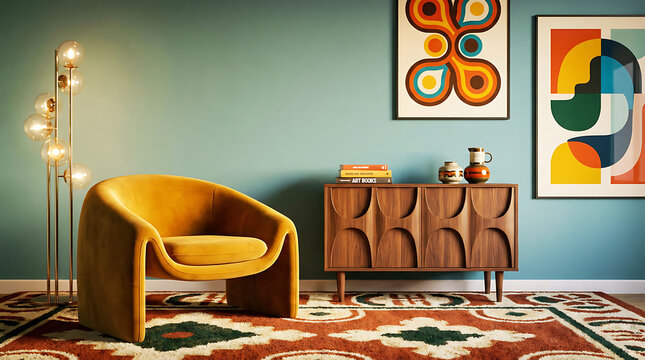 Retro mid-century living room with mustard yellow curved armchair, fluted wood credenza, colorful abstract art, and floor lamp   