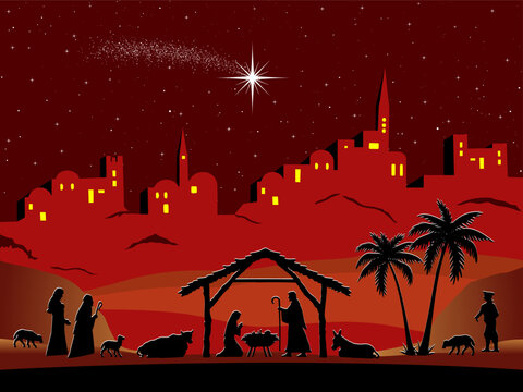 Nativity scene shows Mary and Joseph watching over baby Jesus in a manger, surrounded by shepherds and animals beneath a bright star, with Bethlehem glowing in the background at night.