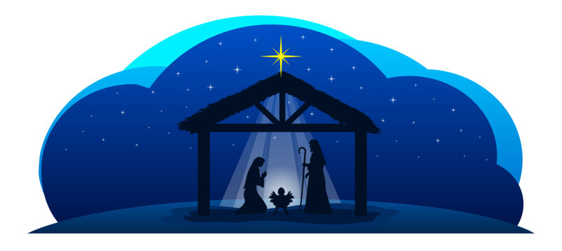 Christmas nativity scene shows Mary and Joseph beside the manger with baby Jesus, while a bright star shines over stable in a peaceful desert night silhouette.