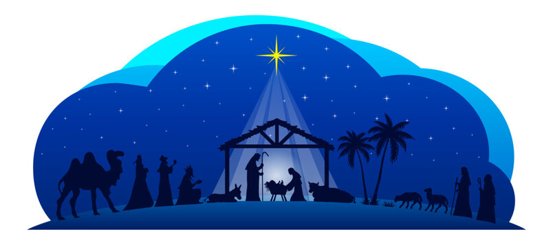 Christmas nativity scene shows Mary and Joseph beside the manger with baby Jesus, while a bright star shines over Three Wise Men, shepherds, sheep and palm trees in a peaceful desert night silhouette.