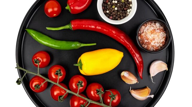 Various fresh spices and vegetables arranged on a black circular plate including red and green chili peppers, yellow pepper, cherry tomatoes on vine, garlic cloves, pink Himalayan salt, and mixed.