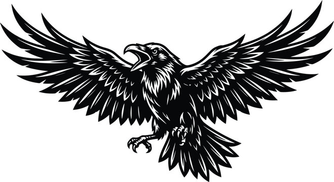 Black Raven with Wings Spread: A striking black raven with its wings spread wide in mid-flight, its beak open in a powerful cry, conveying a sense of primal energy and freedom.