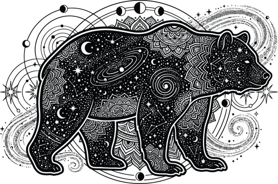 Cosmic Bear Spirit: A majestic bear rendered in a celestial pattern, adorned with stars, moons, and galaxies, set against a backdrop of cosmic swirls and mandalas.