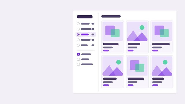 Seamless 4K looping user interface animation: category filter switching light layout. Clean flat vector mockup with grey placeholder bars instead of text, in purple and violet on a light theme, leavin