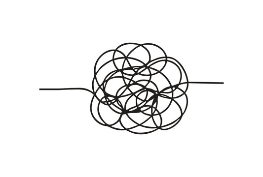 Black hand drawn tangled scribble knot with loose ends isolated on white background. Abstract messy circle line chaos for confusion concept design. Simple doodle thread tangle for stress.