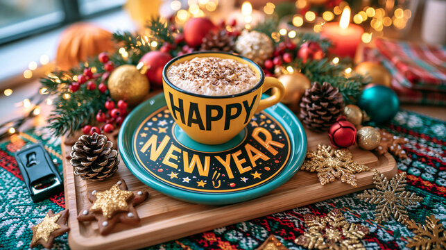 Yellow mug of hot chocolate with sprinkles and 'Happy New Year' text surrounded by Christmas tinsel. Winter hot drink and New Year celebration concept. Still life composition for commercial poster 