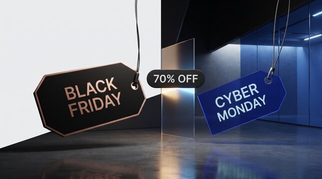 Black Friday and Cyber Monday sale discount tags, modern 70 percent off promotional display banner background