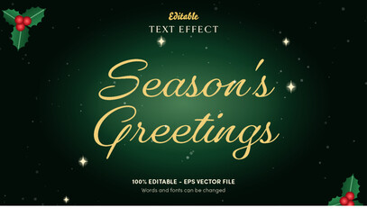 Season's greetings editable text effect with flowing gold calligraphy on emerald velvet with holly © Cansu