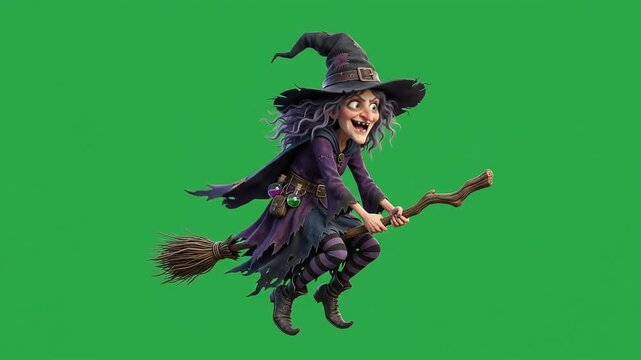 Old Wicked Halloween Witch Flying on a Magic Broomstick with Green Screen Background 3D Character