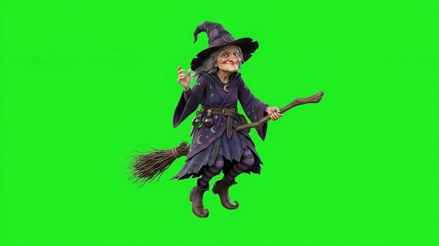 Halloween witch flying on a broomstick, 3D old sorceress character on green screen chroma key