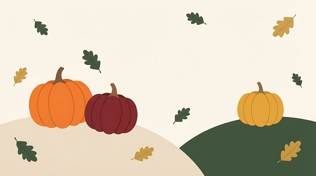 Fall harvest scene featuring pumpkins and autumn leaves scattered across