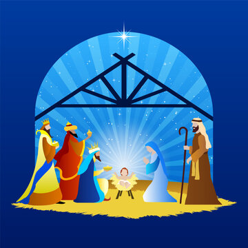 Christmas Nativity scene illustration showing baby Jesus in a manger with Mary, Joseph and the Wise Men beneath a radiant star. Colorful vector artwork conveys worship, faith and the holy birth.