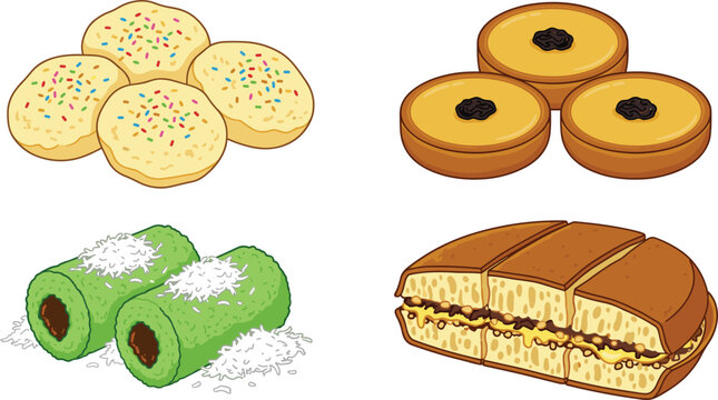 Indonesian Traditional Sweet Cake Vector Set with Martabak Manis Kue Lumpur Putu Ayu and Sprinkled Cookies Elements for Asian Culinary Graphic Designs