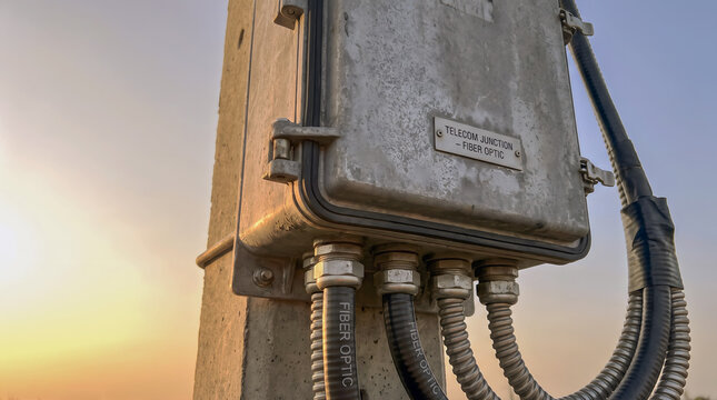Telecom junction box with fiber optic cables mounted on pole during sunset in outdoor setting