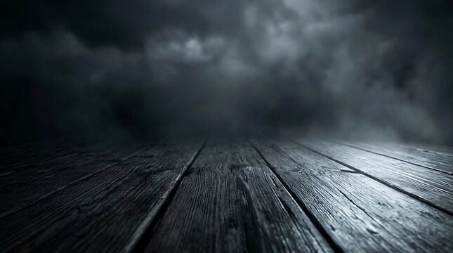 Dark wooden floor with smoke and dramatic moody background