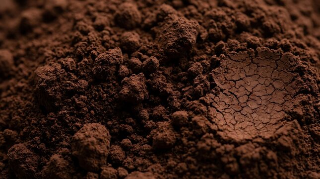 Macro shot of dark brown cocoa powder texture and surface with chocolate