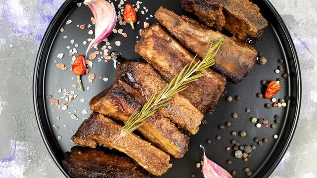 Juicy grilled beef ribs arranged on a black plate, garnished with fresh rosemary sprig, garlic cloves, coarse salt, and red chili peppers.