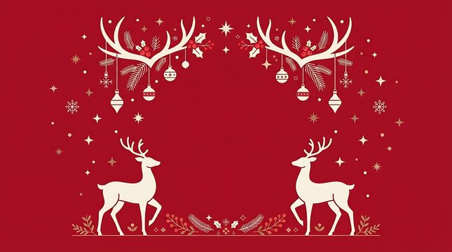 Christmas deer and hanging ornaments pattern on deep red festive background