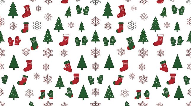 Seamless christmas pattern featuring pine trees socks and snowflakes