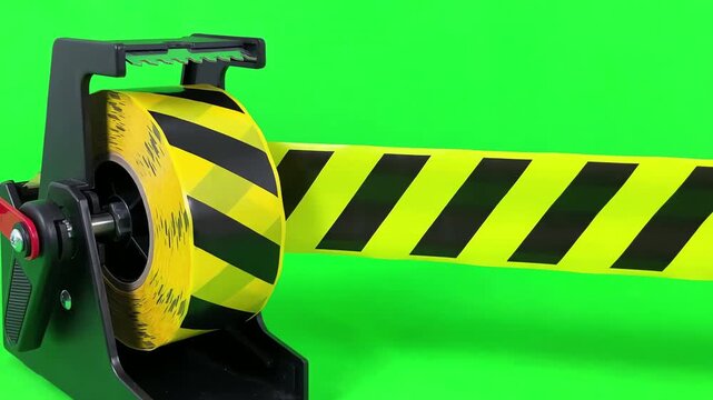 Yellow and black hazard warning tape unrolling horizontally on a clean green screen background with even studio lighting