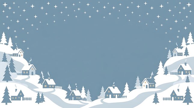 Winter landscape vector background with snowy village houses and pine trees