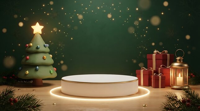 Podium display with christmas tree and gift boxes box green background