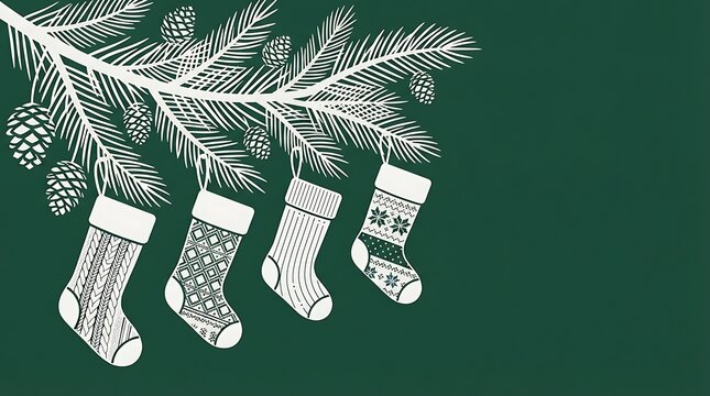 Christmas stockings hanging on fir branch with pine cones
