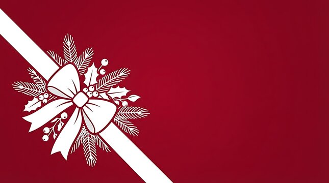 Gift ribbon and bow with christmas decorations on red background