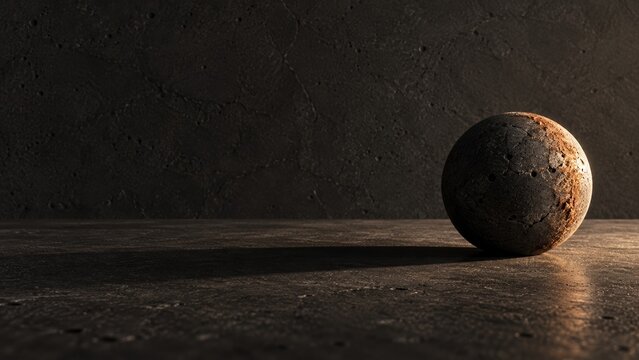 Super earth rocky planet sphere carved from dark basalt with a rust-colored band, resting on a textured surface with copy space for science stories